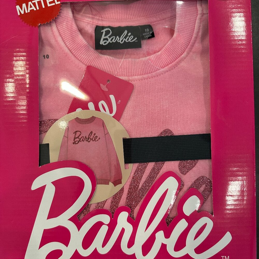 Barbie Mattel Pink Wash ORIGINAL Sweatshirt Glitter Pullover Girls SIZE 10 NIB